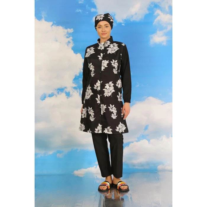 Giyim Kadın Pantolonlu Desenli Tam Tesettür Mayo Siyah