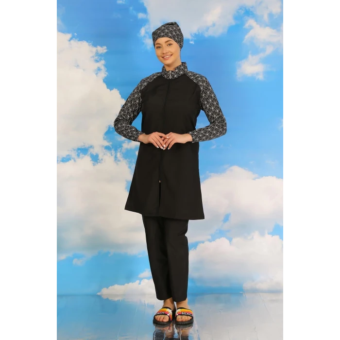 Giyim Kadın Pantolonlu Desenli Tam Tesettür Mayo Siyah