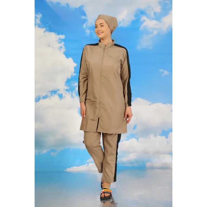 Giyim Kadın Pantolonlu Kolu Şeritli Tam Tesettür Mayo Bej