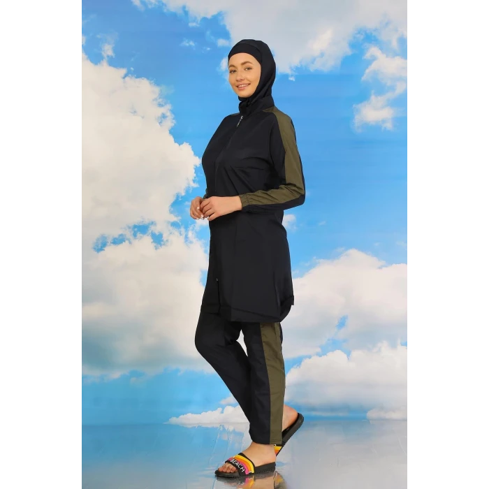 Giyim Kadın Pantolonlu Kolu Şeritli Tam Tesettür Mayo Lacivert