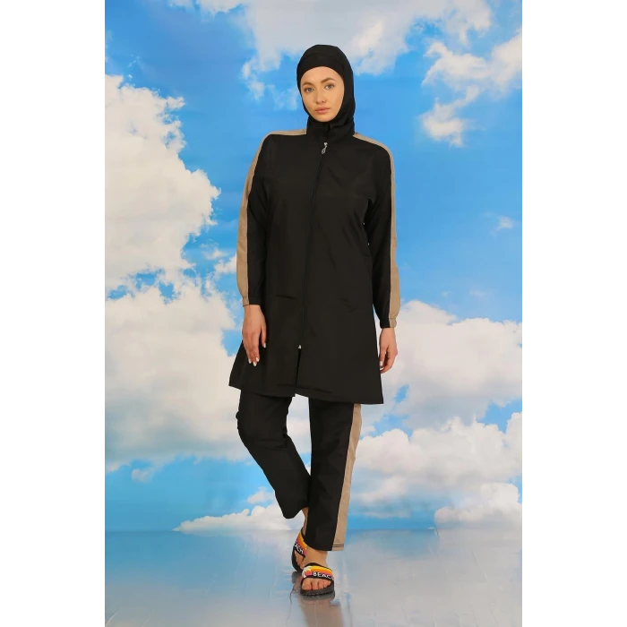 Giyim Kadın Pantolonlu Kolu Şeritli Tam Tesettür Mayo Siyah
