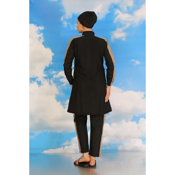 Giyim Kadın Pantolonlu Kolu Şeritli Tam Tesettür Mayo Siyah