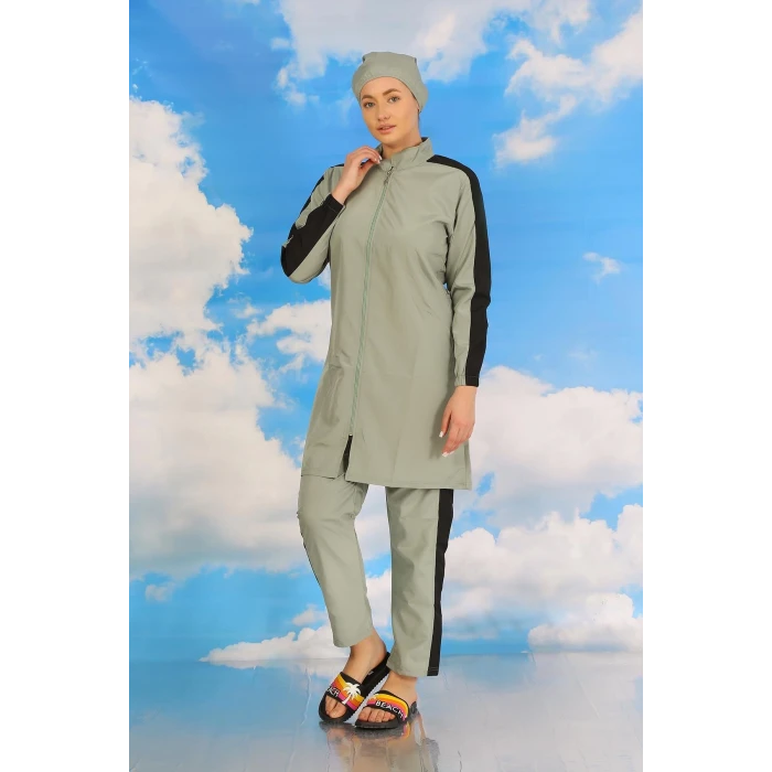 Giyim Kadın Pantolonlu Kolu Şeritli Tam Tesettür Mayo Su Yeşili