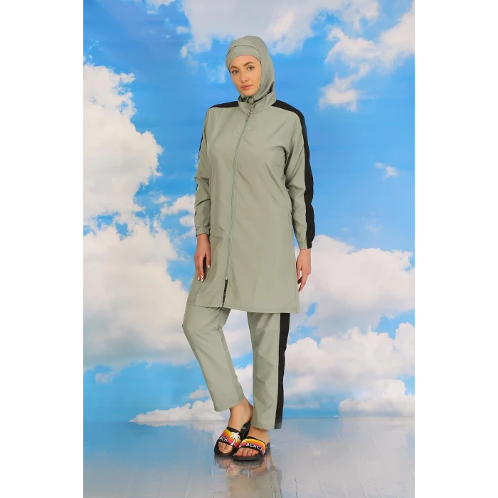 Giyim Kadın Pantolonlu Kolu Şeritli Tam Tesettür Mayo Su Yeşili