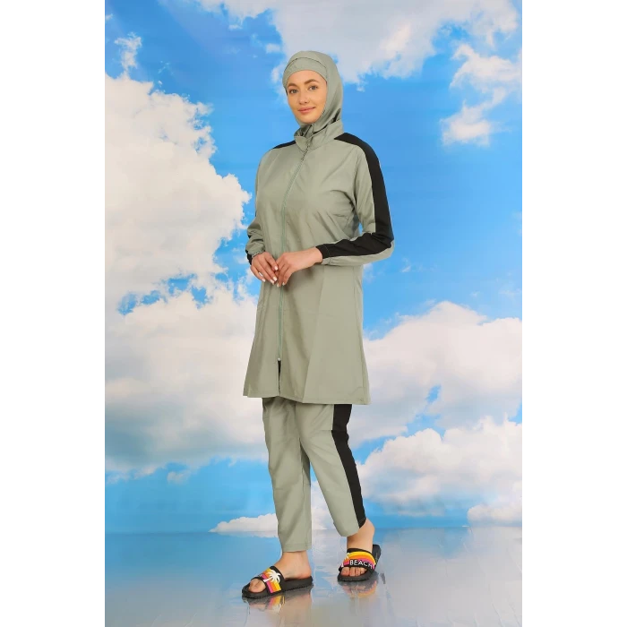 Giyim Kadın Pantolonlu Kolu Şeritli Tam Tesettür Mayo Su Yeşili