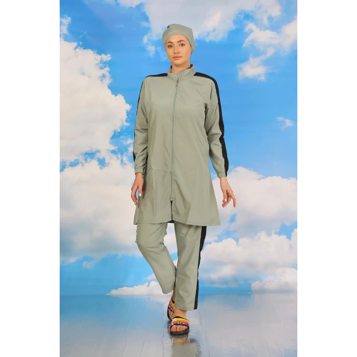 Giyim Kadın Pantolonlu Kolu Şeritli Tam Tesettür Mayo Su Yeşili