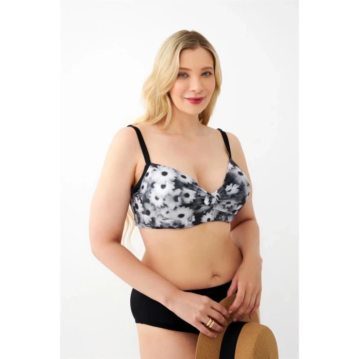 Giyim Kadın Papatya Desenli Gri Büyük Beden Bikini Takımı