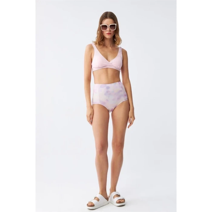Giyim Kadın Pembe Pedli Üst ve Pastel Desenli Yüksek Bel Bikini Takımı