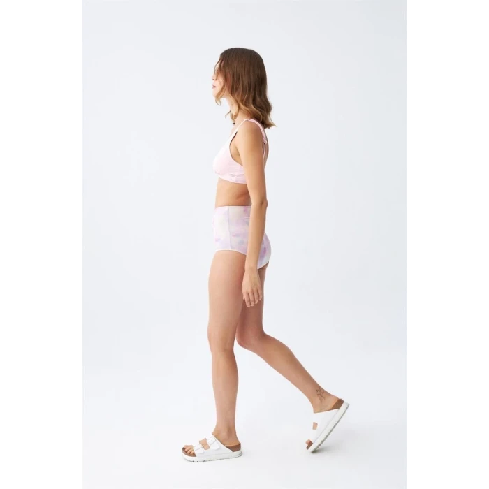 Giyim Kadın Pembe Pedli Üst ve Pastel Desenli Yüksek Bel Bikini Takımı