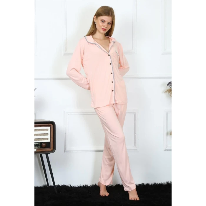 Giyim Kadın Penye Uzun Kol Önden Düğmeli Pijama Takım Pembe