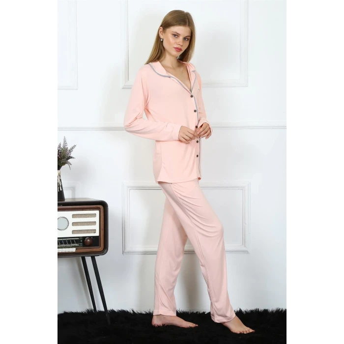 Giyim Kadın Penye Uzun Kol Önden Düğmeli Pijama Takım Pembe