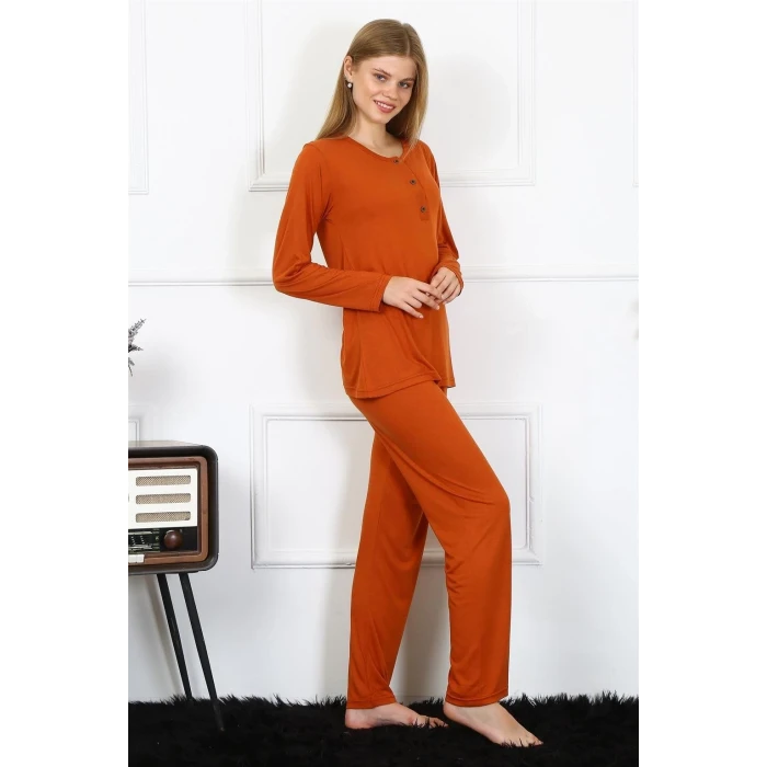 Giyim Kadın Penye Uzun Kol Patlı Pijama Takım Kiremit