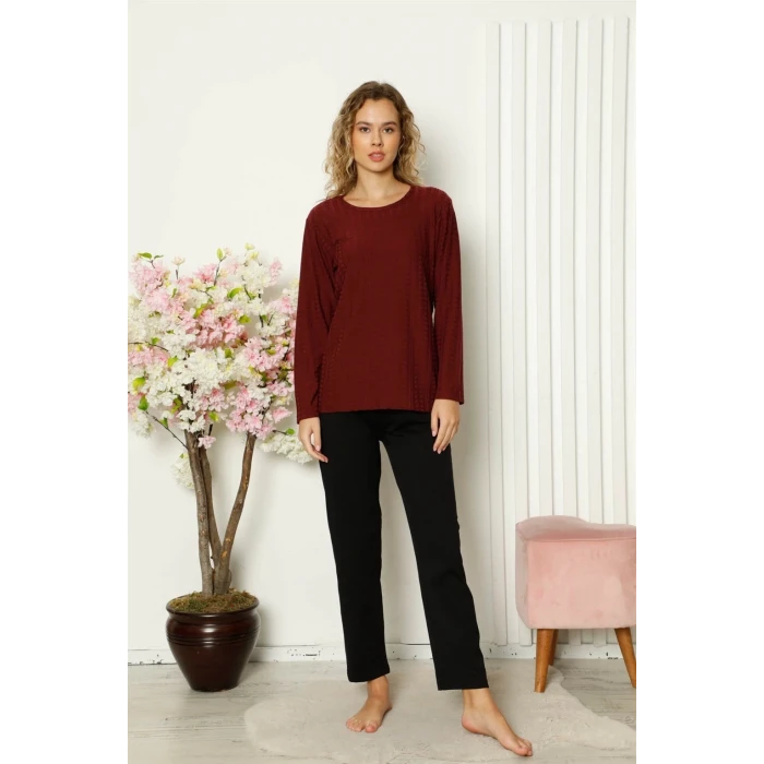 Giyim Kadın Penye Uzun Kol Pijama Takım Bordo