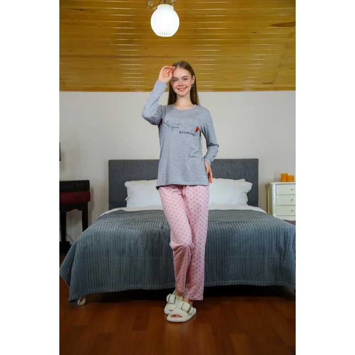 Giyim Kadın Penye Uzun Kol Pijama Takım Gri