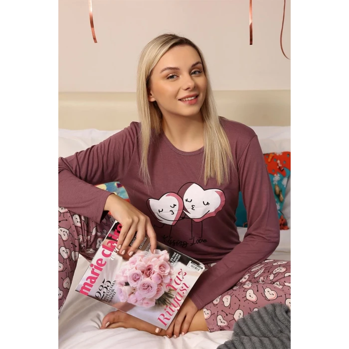 Giyim Kadın Penye Uzun Kol Pijama Takım Mürdüm