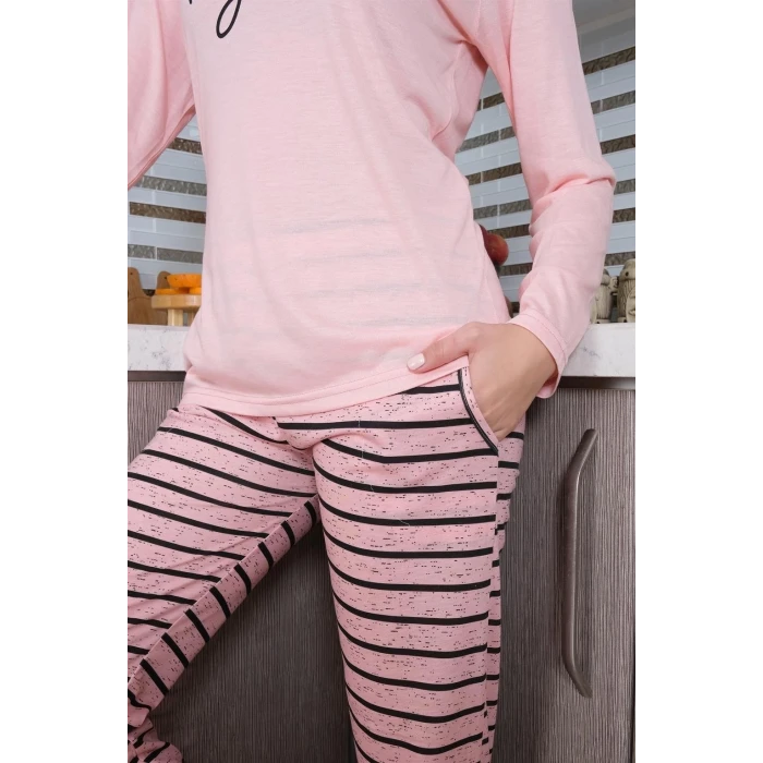 Giyim Kadın Penye Uzun Kol Pijama Takım Pembe