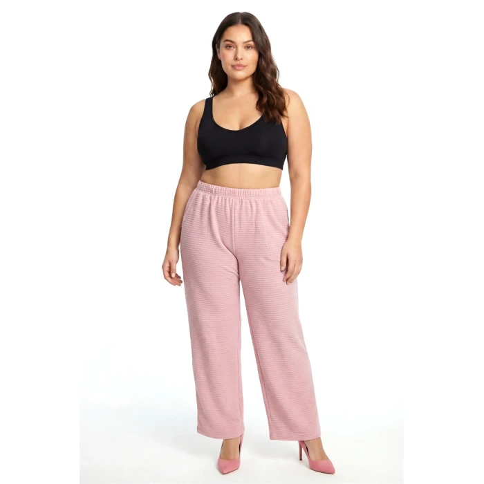 Giyim Kadın Pudra Pembe Dokulu Büyük Beden Cepli Pijama Altı