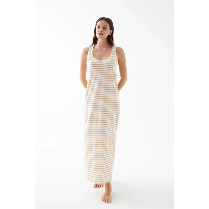 Giyim Kadın Sarı Çizgili Askılı Uzun Gecelik – Rahat Kesim Günlük Uyku Geceliği