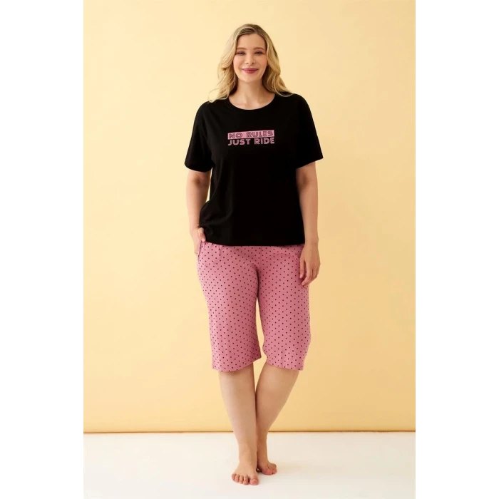 Giyim Kadın Siyah “No Rules Just Ride” Yazılı Büyük Beden Kapri Pijama Takımı