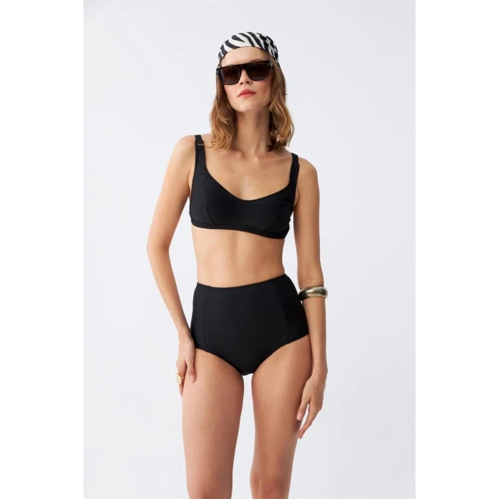 Giyim Kadın Siyah Pedli Kare Yaka Yüksek Bel Bikini Takımı