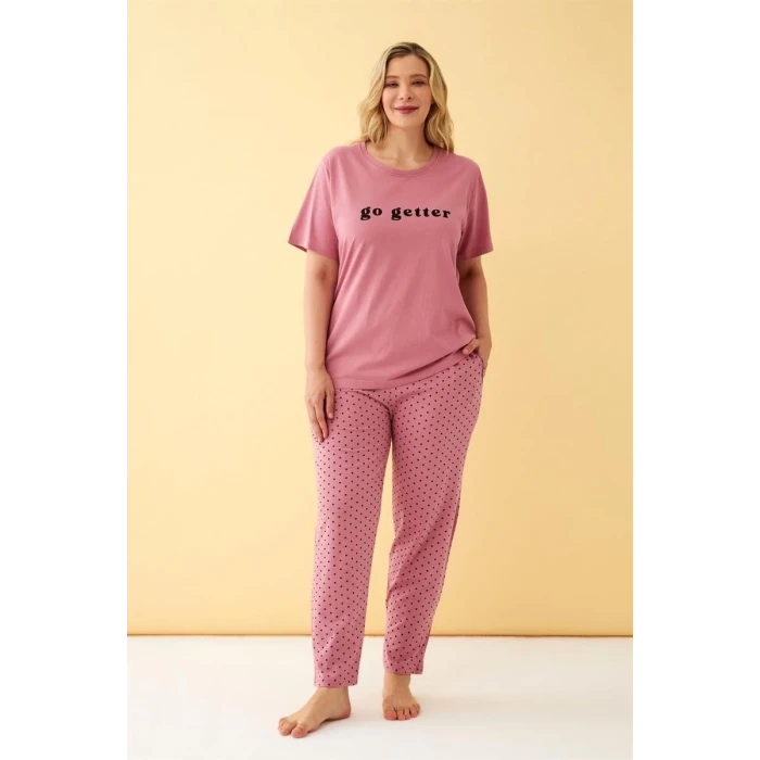 Giyim Kadın Somon Go Getter Yazılı Büyük Beden Pijama Takımı