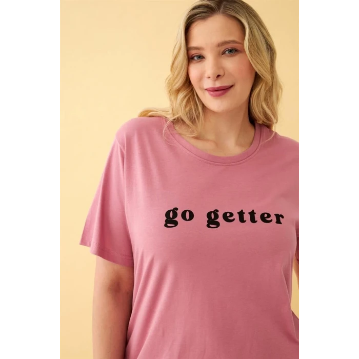 Giyim Kadın Somon Go Getter Yazılı Büyük Beden Pijama Takımı