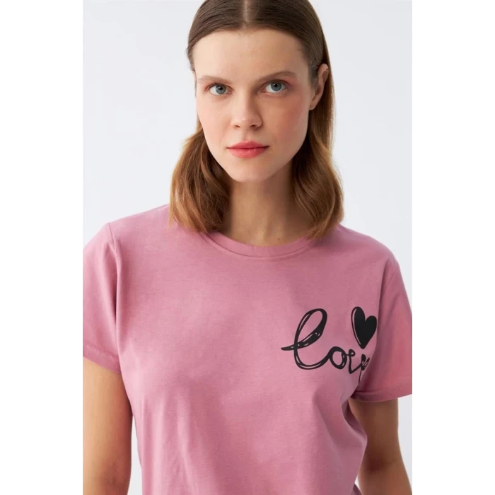 Giyim Kadın Somon Kalp Desenli Kısa Kollu Penye Pijama Takımı