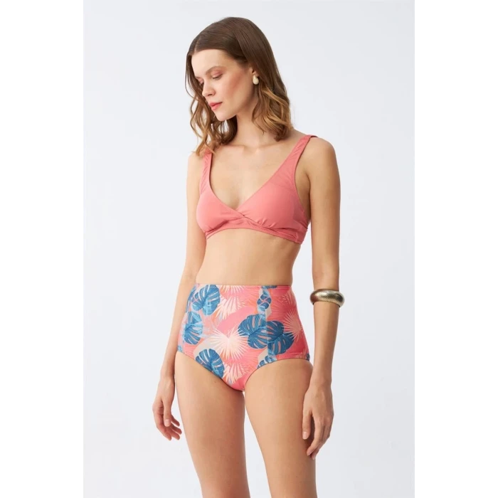 Giyim Kadın Somon Pedli Üst ve Tropik Desenli Yüksek Bel Bikini Takımı