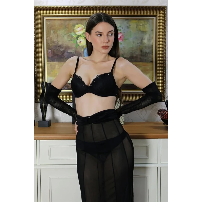 Giyim Kadın Taş Detaylı Sütyen Takım Siyah