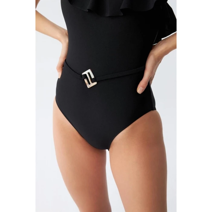 Giyim Kadın Tek Omuz Fırfırlı Mayo Siyah