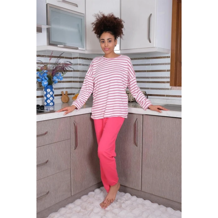 Giyim Kadın Uzun Kol 3 İplik Penye Pijama Takım Beyaz