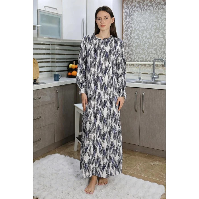 Giyim Kadın Uzun Kol Penye Gecelik Ev Elbisesi Mavi