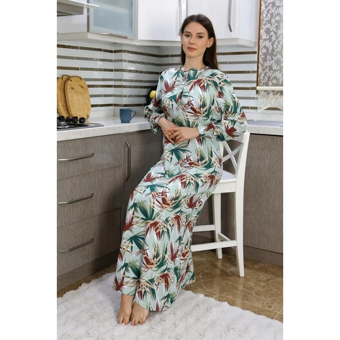 Giyim Kadın Uzun Kol Penye Gecelik Ev Elbisesi Yeşil