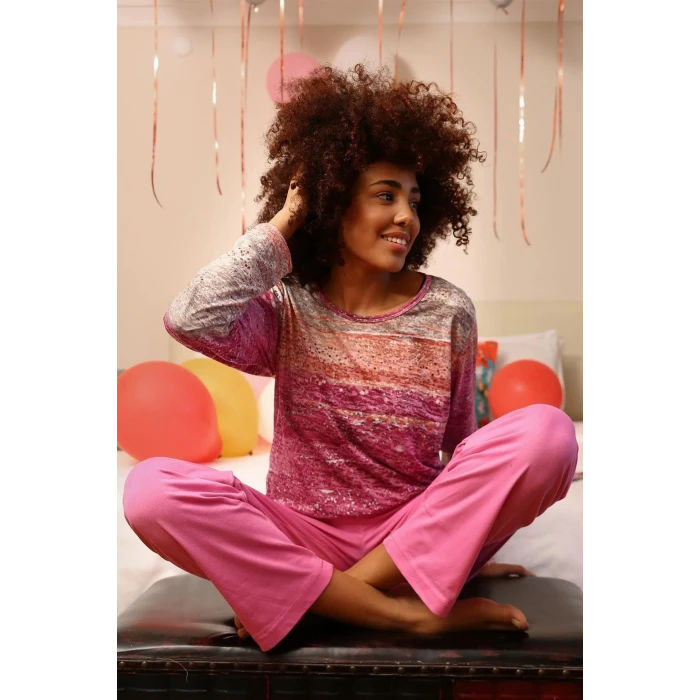 Giyim Kadın Uzun Kol Penye Pijama Takım Fuşya