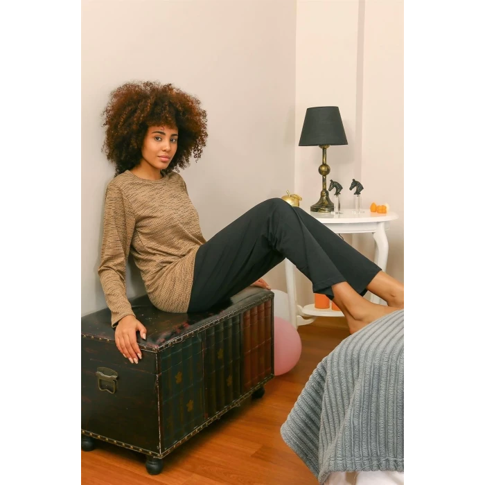 Giyim Kadın Uzun Kol Penye Pijama Takım Sütlü Kahve