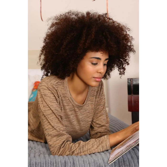 Giyim Kadın Uzun Kol Penye Pijama Takım Sütlü Kahve