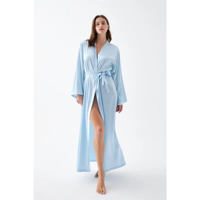 Giyim Kadın Uzun Mavi Saten Sabahlık – Kuşaklı Şık Gecelik Üstü Ev Giyim