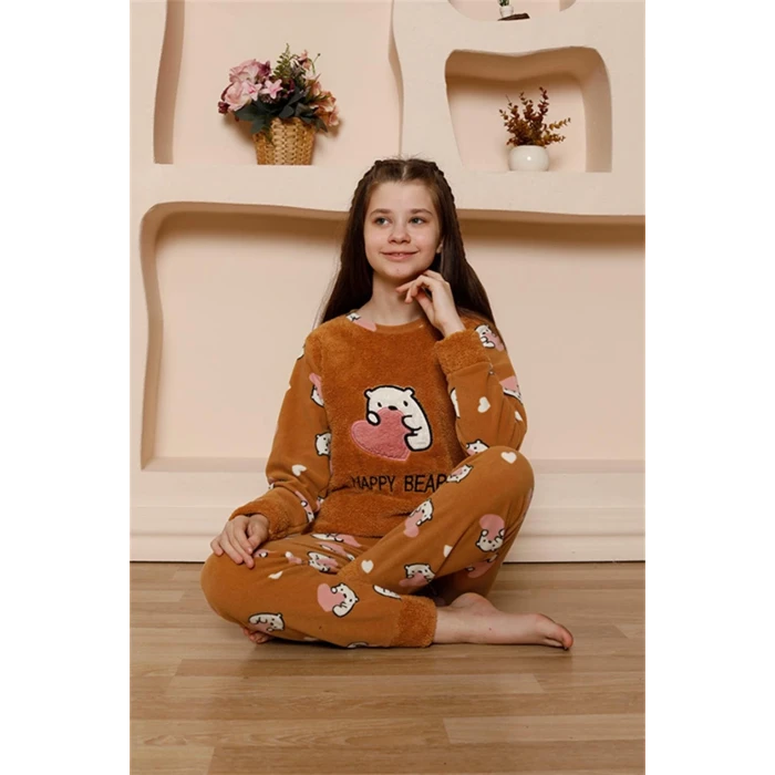 Giyim Kız Çocuk Polar Sütlü Kahve Pijama Takımı