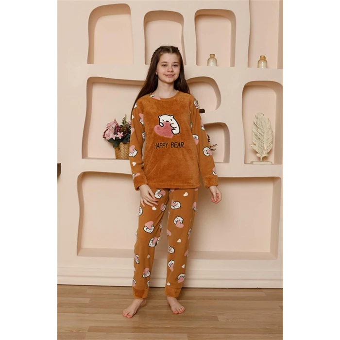 Giyim Kız Çocuk Polar Sütlü Kahve Pijama Takımı