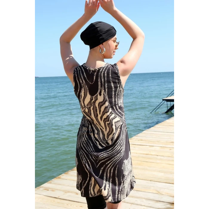 Giyim Sıfır Kol Leopar Yarım Tesettür Mayo Siyah