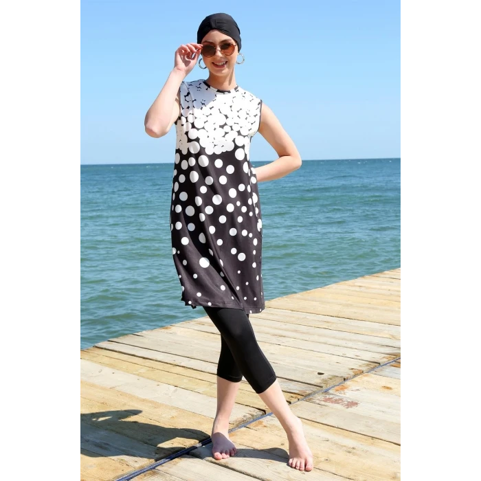 Giyim Sıfır Kol Puanlı Yarım Tesettür Mayo Siyah Peyaz Puantiye