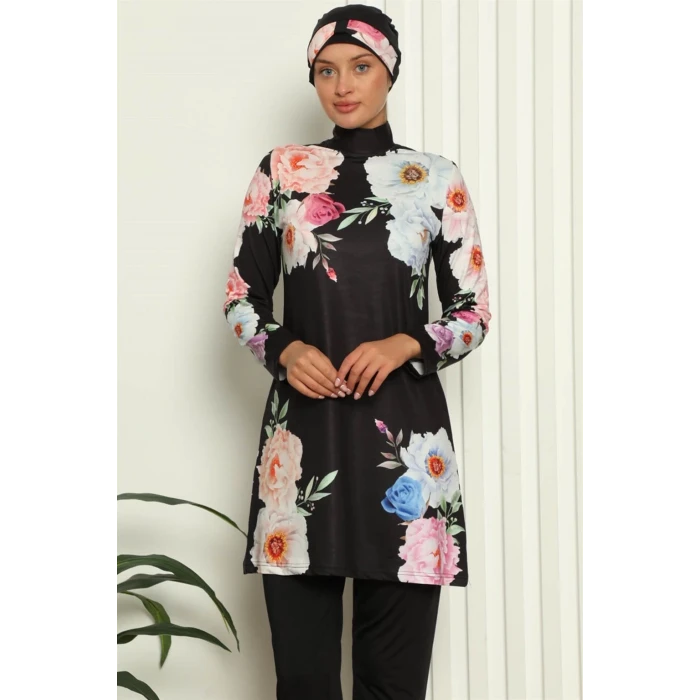 Giyim Tam Tesettür Dijital Desenli Mayo Siyah