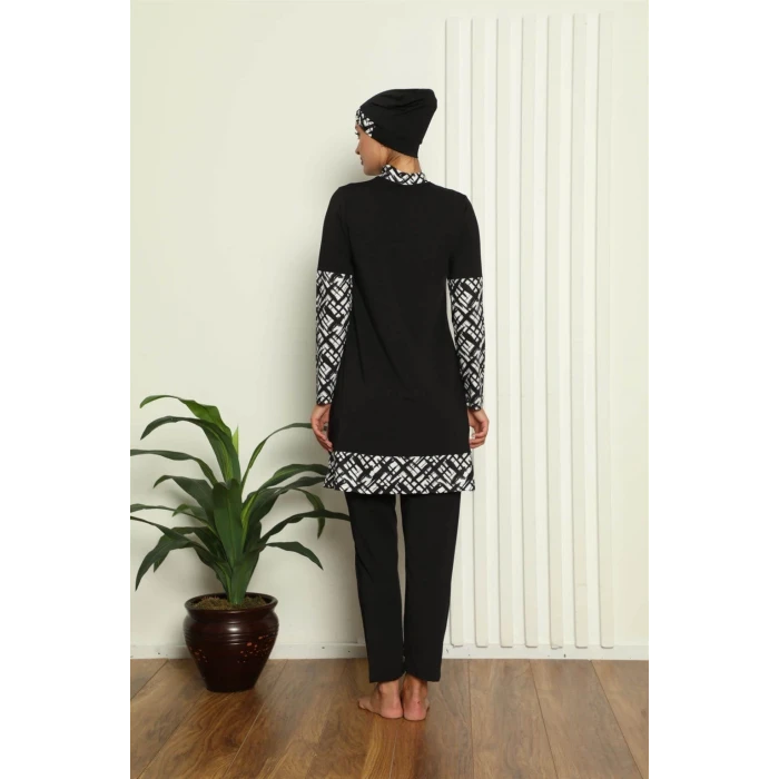 Giyim Tam Tesettür Dijital Desenli Mayo Siyah