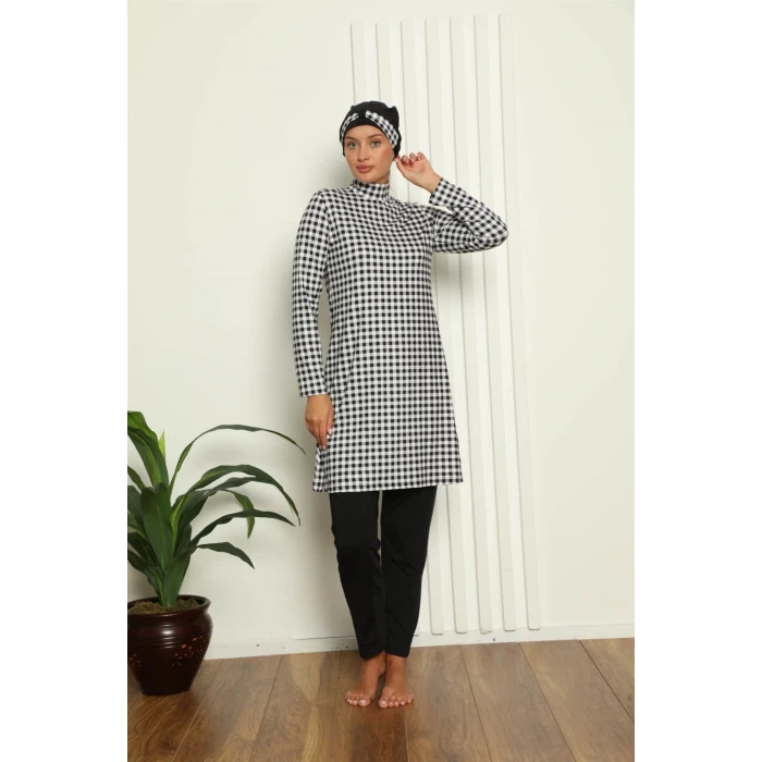 Giyim Tam Tesettür Dijital Desenli Mayo Siyah - Beyaz