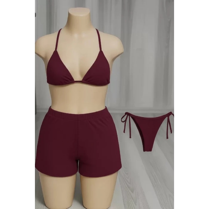 Kadın 3lü Set Bordo Şortlu Ve Yandan Bağlamalı Bikini Mayo Takımı