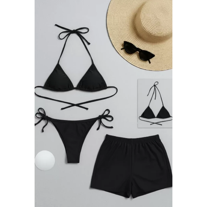 Kadın 3lü Set Siyah Şortlu Ve Yandan Bağlamalı Bikini Mayo Takımı