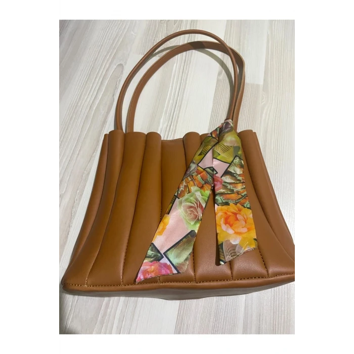 Kadın Şallı Büzgülü Kol Çantası Takım - Kahverengi