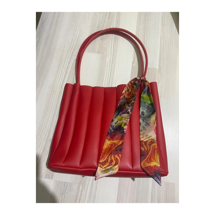 Kadın Şallı Büzgülü Kol Çantası Takım - Kırmızı