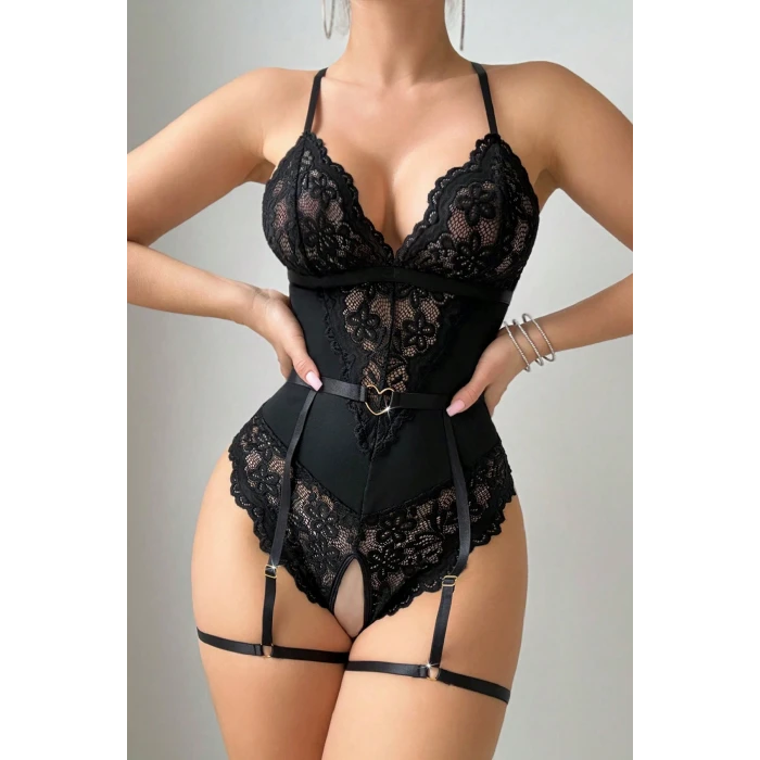 Kadın Siyah Dantel Jartiyerli Bodysuit Gecelik - Kemer Detaylı
