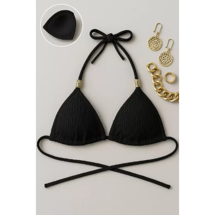 Kadın Siyah Pedli Üçgen Bikini Üstü Halter Bağlamalı Aksesuarlı